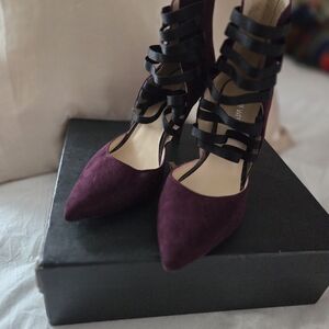 Nine West Plum Suede Pointed Pumps with Black Strappy Cage Heel